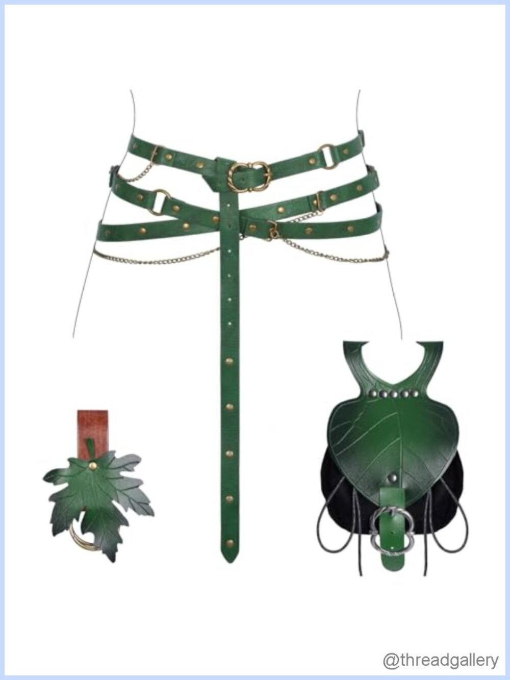 Medieval Faux Leather Adjustable Chain Belt Set with Leaf Purse & Skirt Clips